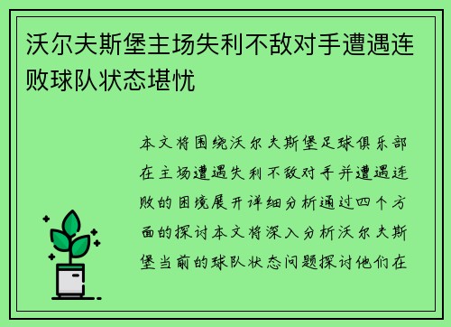 沃尔夫斯堡主场失利不敌对手遭遇连败球队状态堪忧