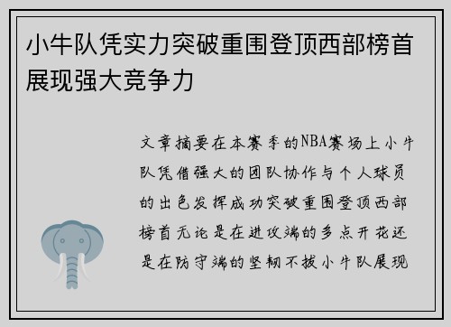 小牛队凭实力突破重围登顶西部榜首展现强大竞争力